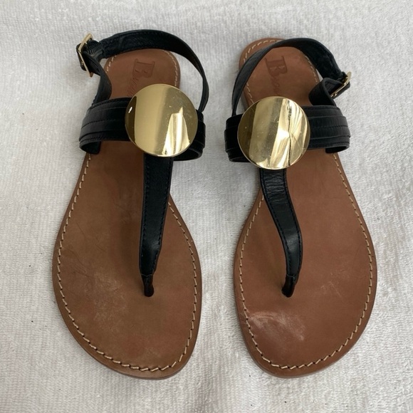 Browns Black Gold T Strap Adjustable Ankle Flat Sandals Size 7 Casual Minimalist - Picture 1 of 13